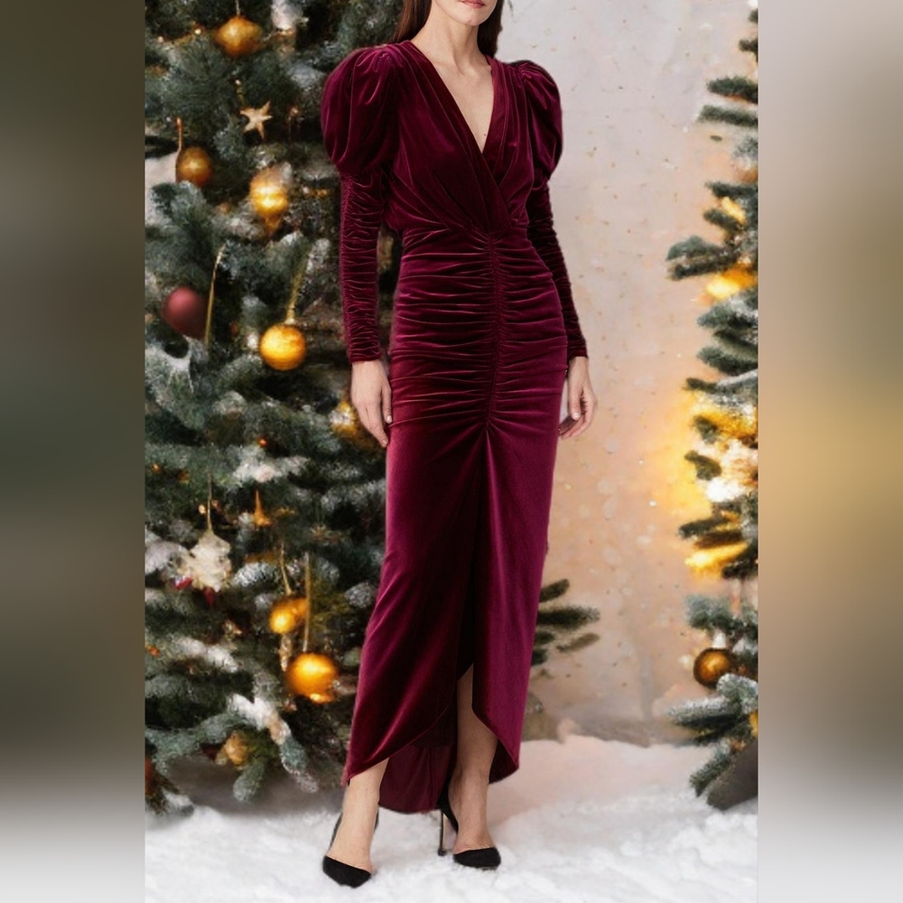 Ronny Kobo Maroon Velvet Deep V-Neck Ruched Sleeve Maxi Dress Size XS [Like New]